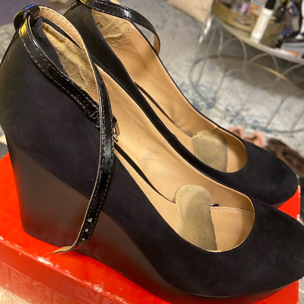 Black Platform Suede Wedged Ankle Strap Heel - Size 8